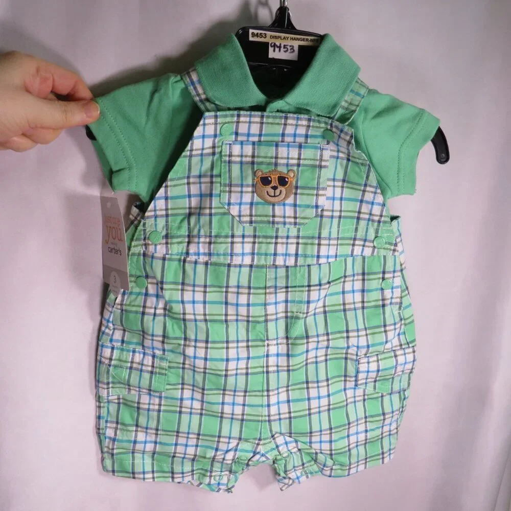 Baby Mint Green Plaid Jumper & Bodysuit 2pc 3Mts Carter's Embroidered Bear